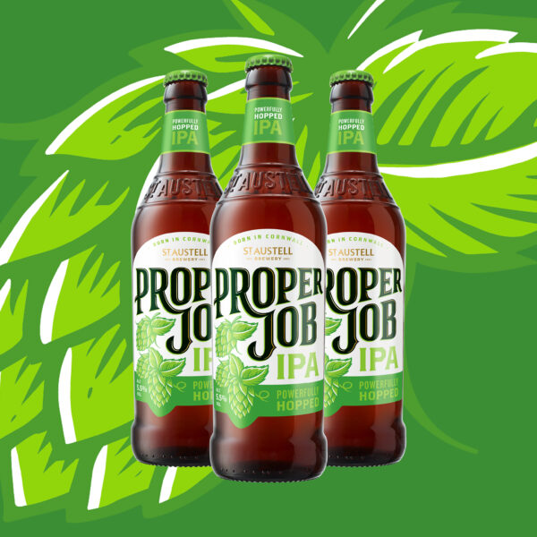 Proper Job 500ml bottle with hop background