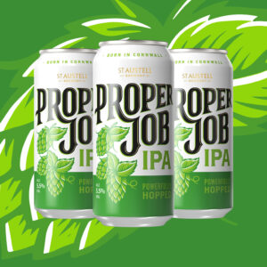 Proper Job 440ml can with hop background
