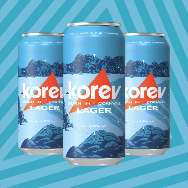 korev 440ml cans on a background of radiating triangles